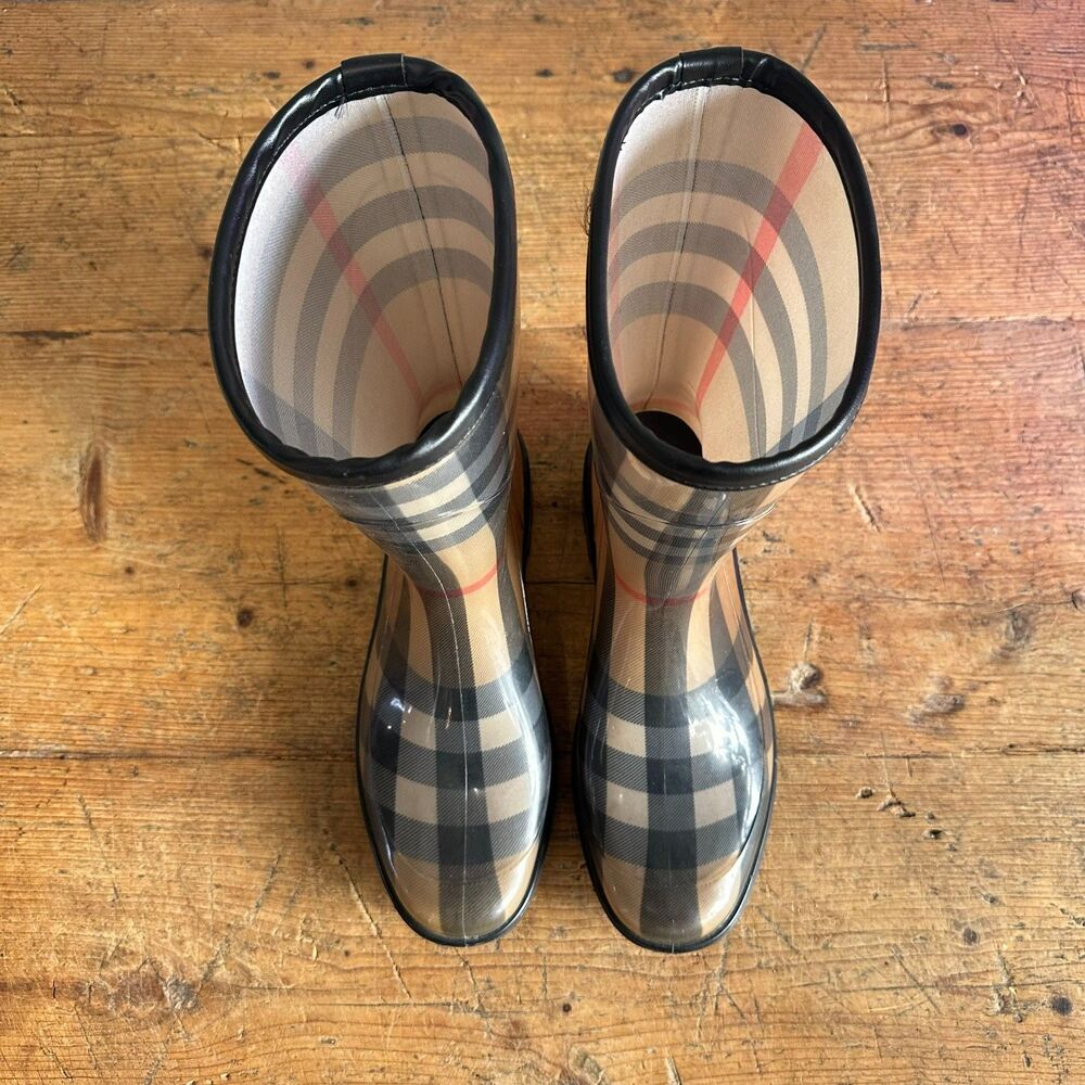 Burberry Rubber Rain Boots Tan Check Plaid Mid Calf Size EU 41 Women's US 10 - Picture 5 of 9